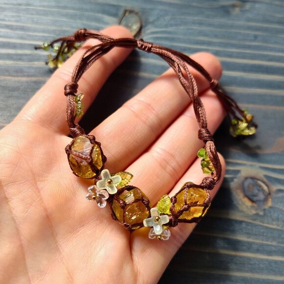 Golden Honey Forest Bracelet Adjustable Brown Macrame Cord with Amber Glass Bead - Picture 4 of 7